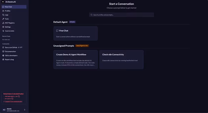 Dark-themed dashboard interface of Archestra.AI with a sidebar menu including options like Profiles, Logs, Tools, and Settings, and a main section titled Start a Conversation showing options for Free Chat and unassigned prompts for creating AI workflows and checking connectivity.