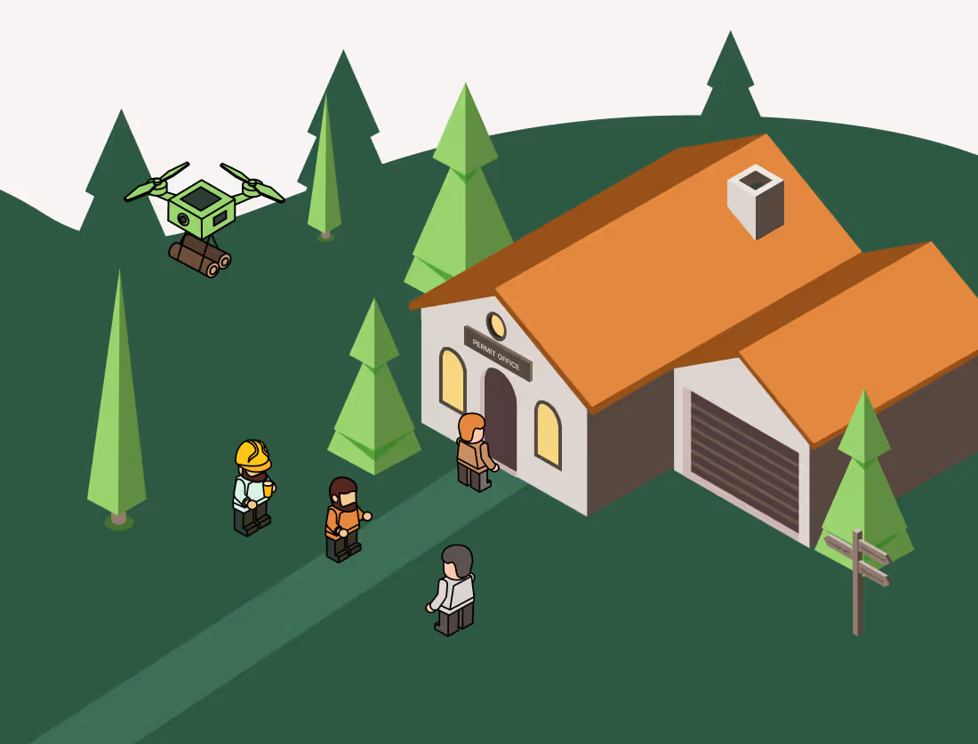 Illustration of four people near a permit office building surrounded by pine trees and a drone flying nearby.