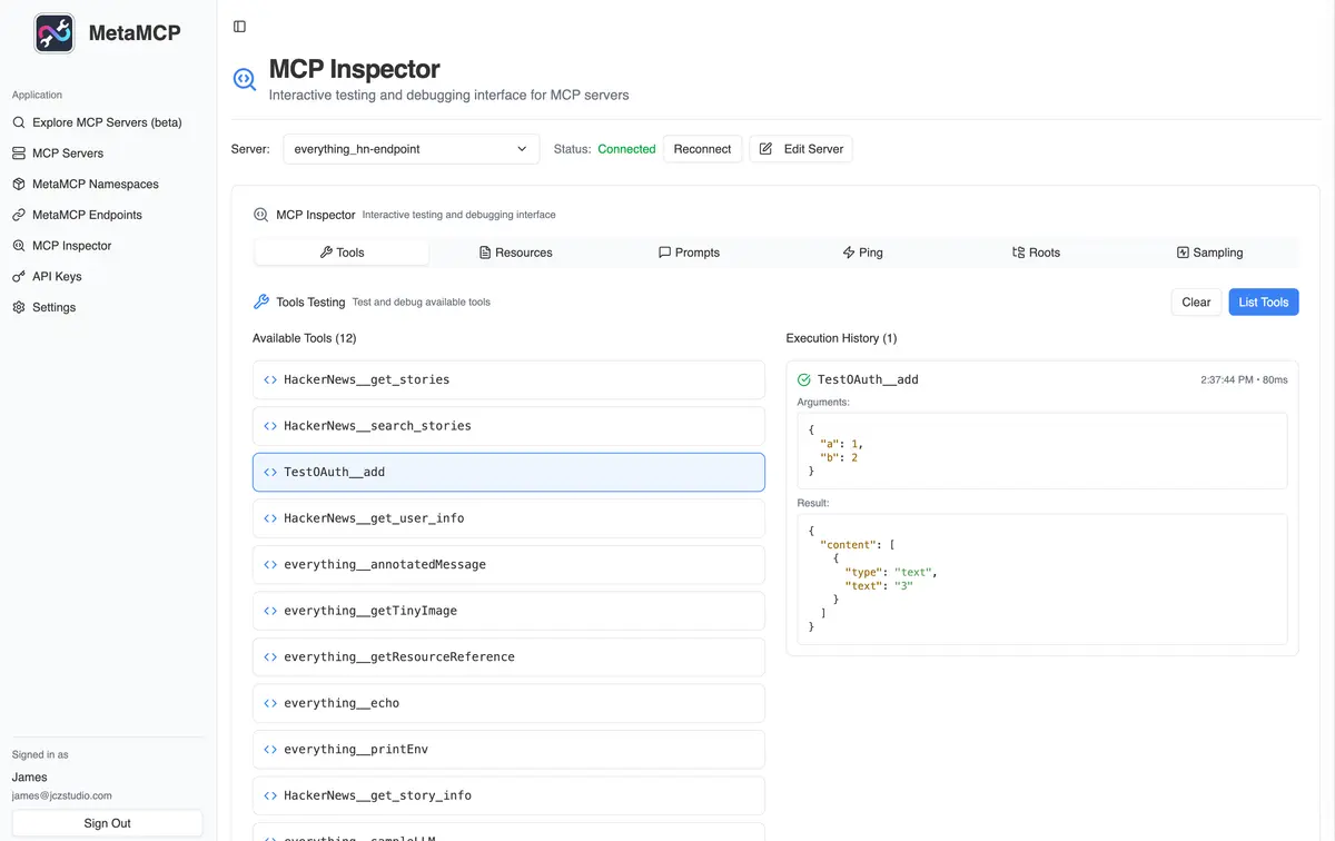 Screenshot of MetaMCP MCP Inspector showing server selection, tool list with Test0Auth_add selected, and execution history with JSON arguments and result.