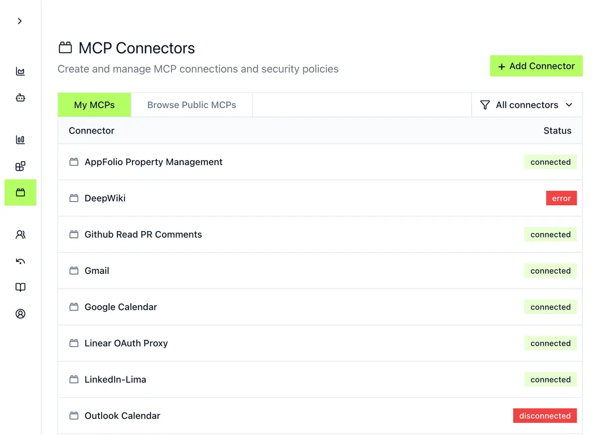 Dashboard listing MCP Connectors including AppFolio Property Management, DeepWiki with error status, Github Read PR Comments, Gmail, Google Calendar, Linear OAuth Proxy, LinkedIn-Lima all connected, and Outlook Calendar disconnected.