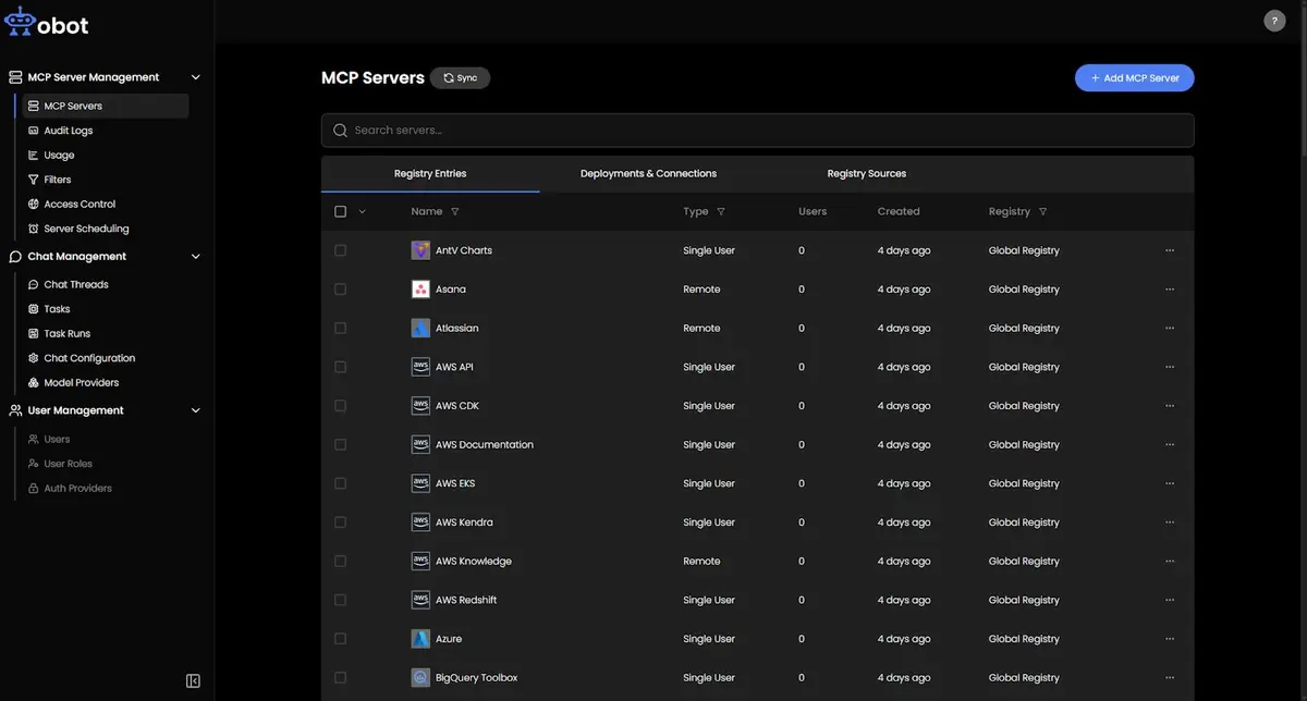 Obot dashboard interface showing MCP Server Management with a list of MCP servers, their types, users, creation dates, and registry sources.