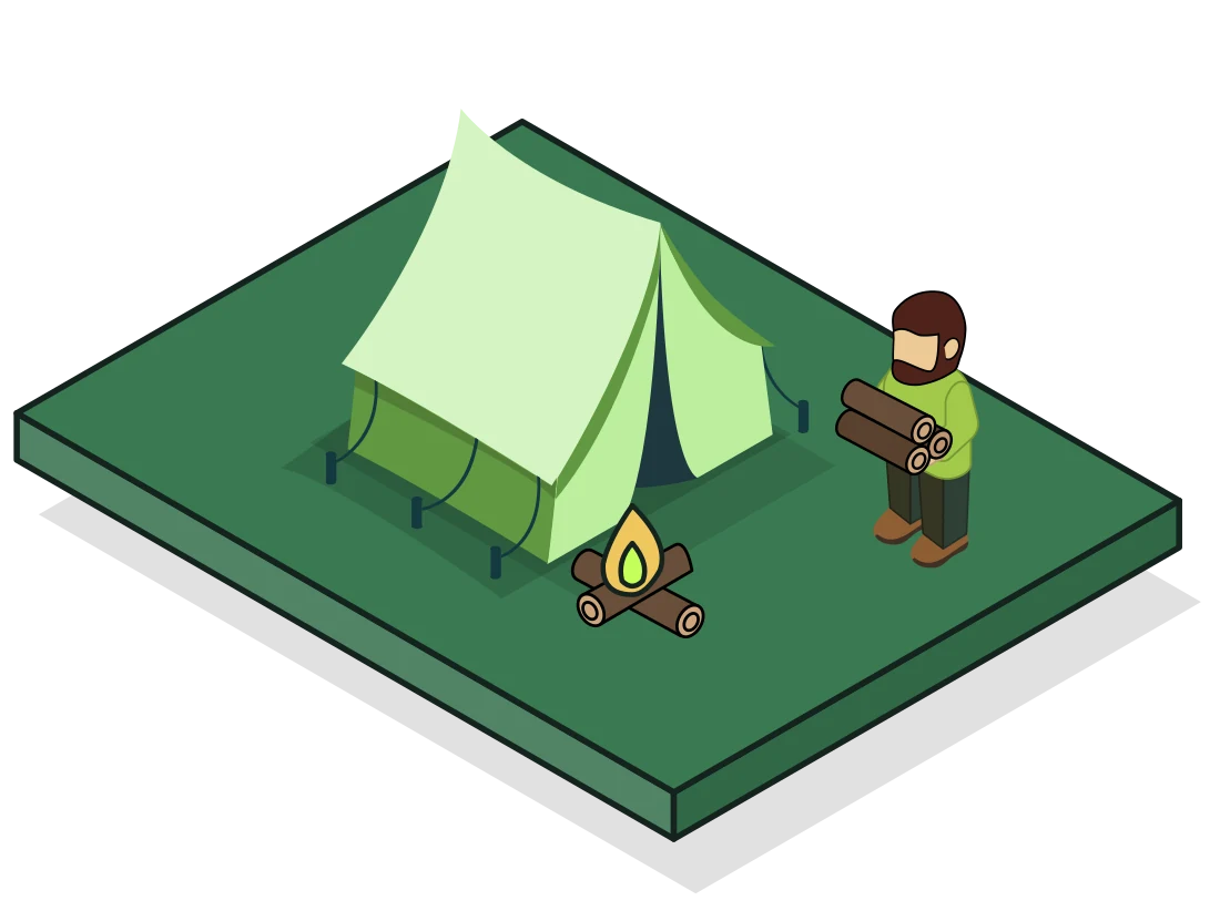 Willow basecamp with tent and campfire