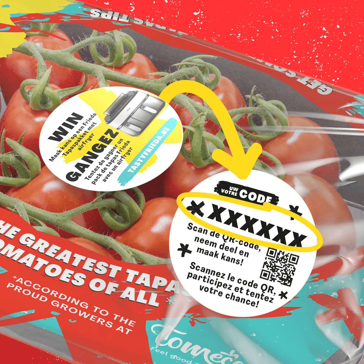 Een detailopname van een verpakking Frieda tapastomaten met een focus op de actiesticker die de unieke wedstrijdcode en een QR-code toont om deel te nemen aan de winactie.