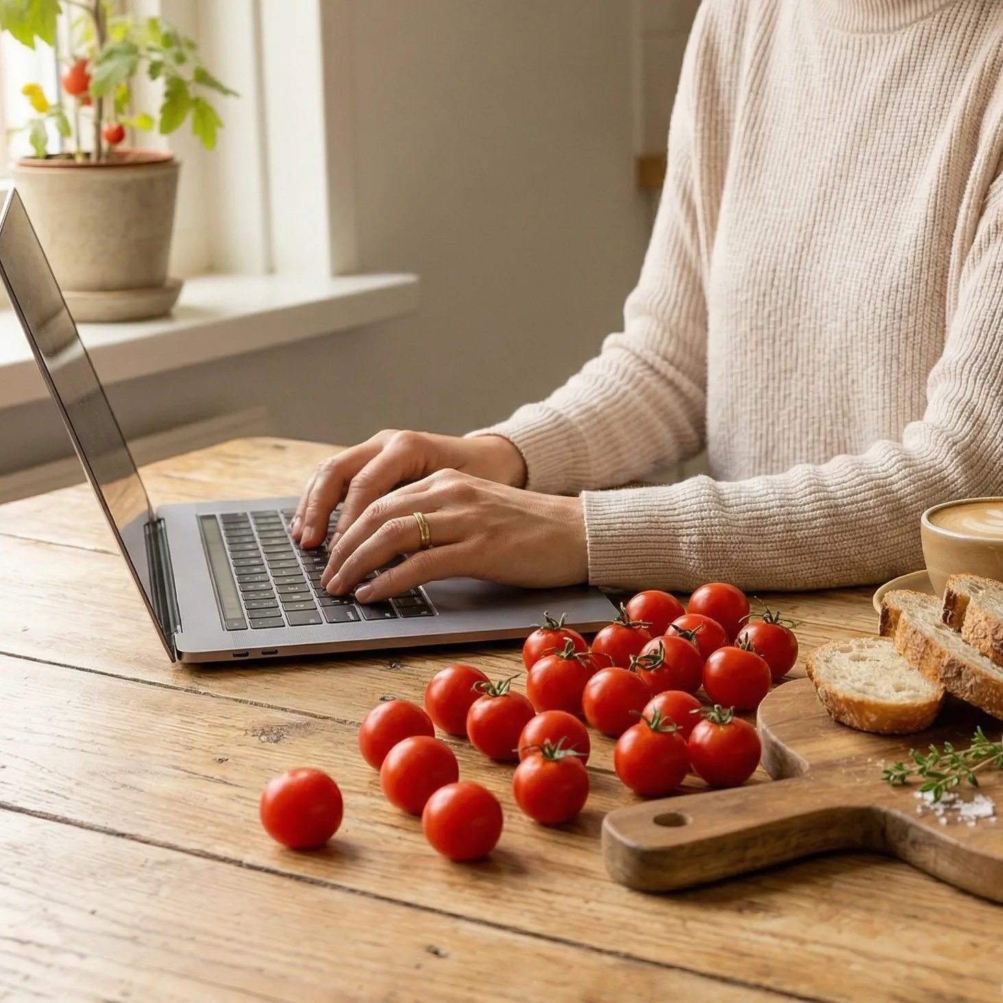 Close-up van handen op een laptop, omringd door Frieda tapastomaten en hapjes op een houten tafel, die online een unieke code invullen om deel te nemen aan de winactie.