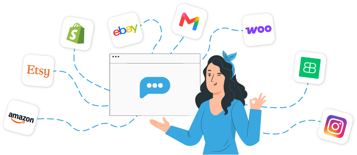 Frau zeigt Chatfenster mit Verbindungen zu Shopify, eBay, Gmail, WooCommerce, Etsy, Amazon, BigCommerce und Instagram.