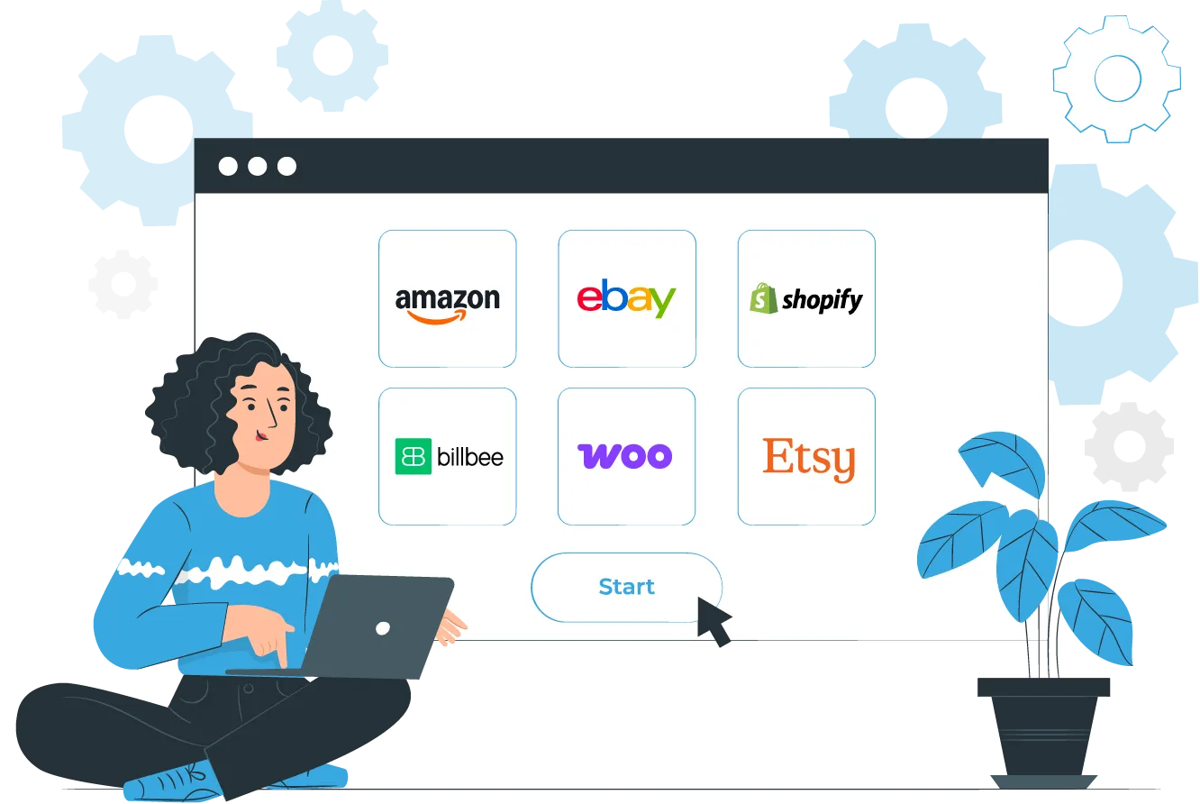 Person mit Laptop vor Bildschirm mit Amazon, eBay, Shopify, Billbee, Woo und Etsy Logos und Start-Button.