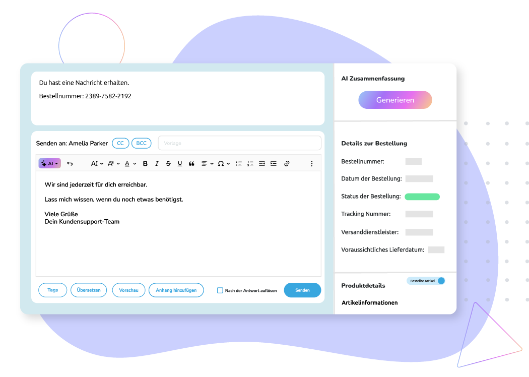 Benutzer-E-Mail-Interface mit AI-Textvorschlag, Bestelldetails und Schaltfläche zum Generieren.