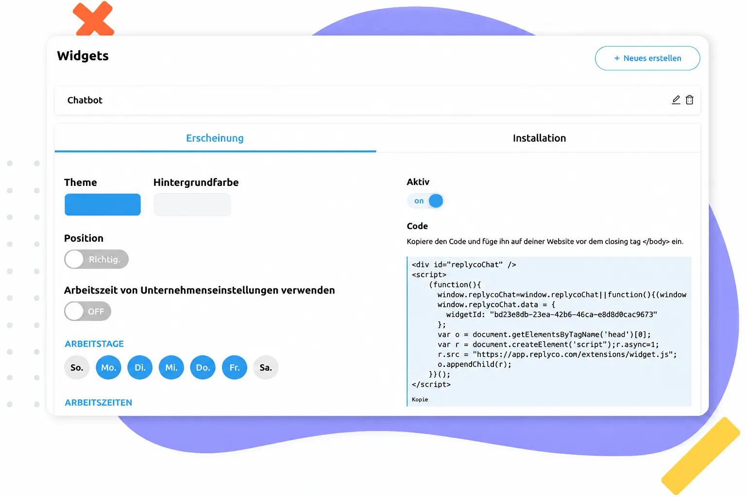 Widgets-Einstellungspanel mit Chatbot-Konfiguration, Darstellung, Aktiv-Schalter und Einbettungscode.