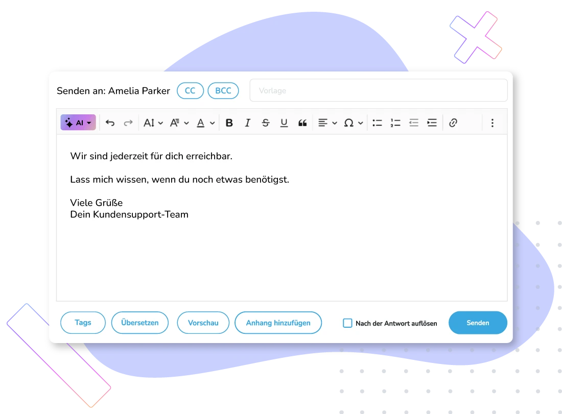 E-Mail-Entwurf an Amelia Parker mit Text des Kundensupport-Teams und Schaltflächen für Tags, Übersetzen, Vorschau.