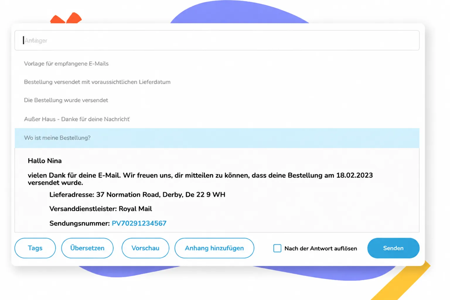 E-Mail-Antwortvorlage mit Versandinfo: Bestellung am 18.02.2023 an Adresse in Derby versendet.