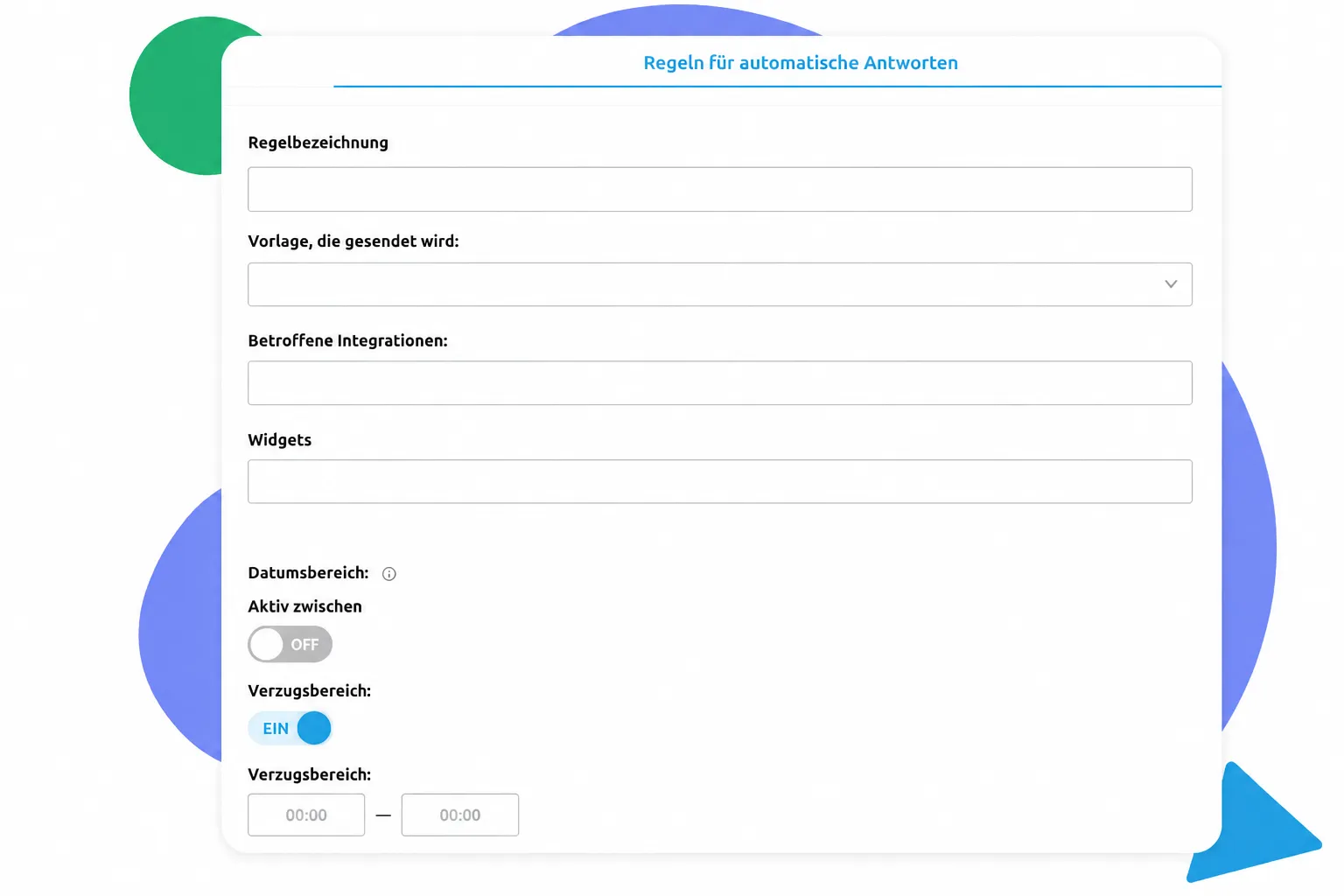 Formular mit Feldern für Regelbezeichnung, Vorlage, Integrationen, Widgets und Zeitsteuerung für automatische Antworten.
