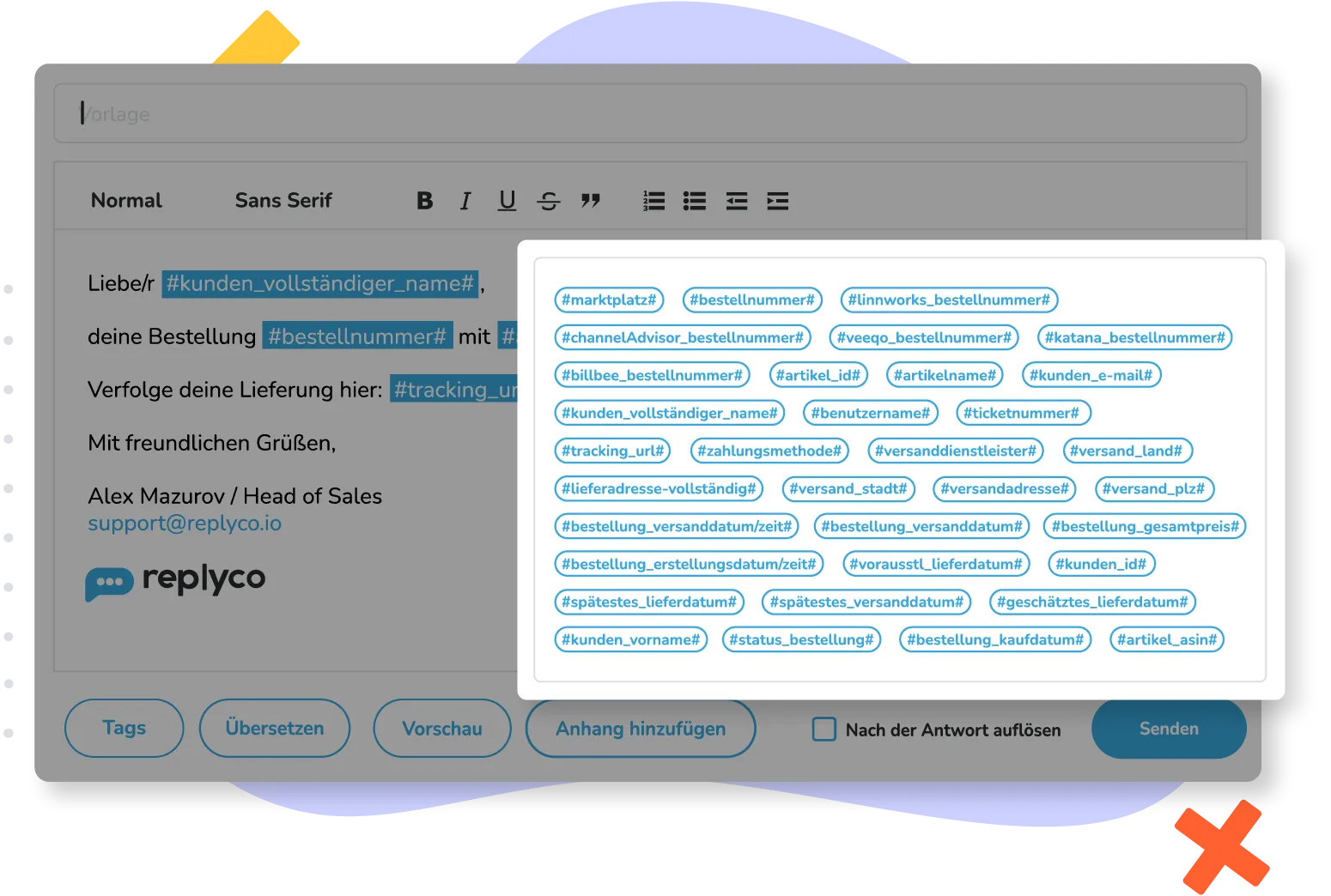 E-Mail-Vorlage mit Platzhalter-Tags für Automatisierungen und Versandinformationen in deutscher Sprache.