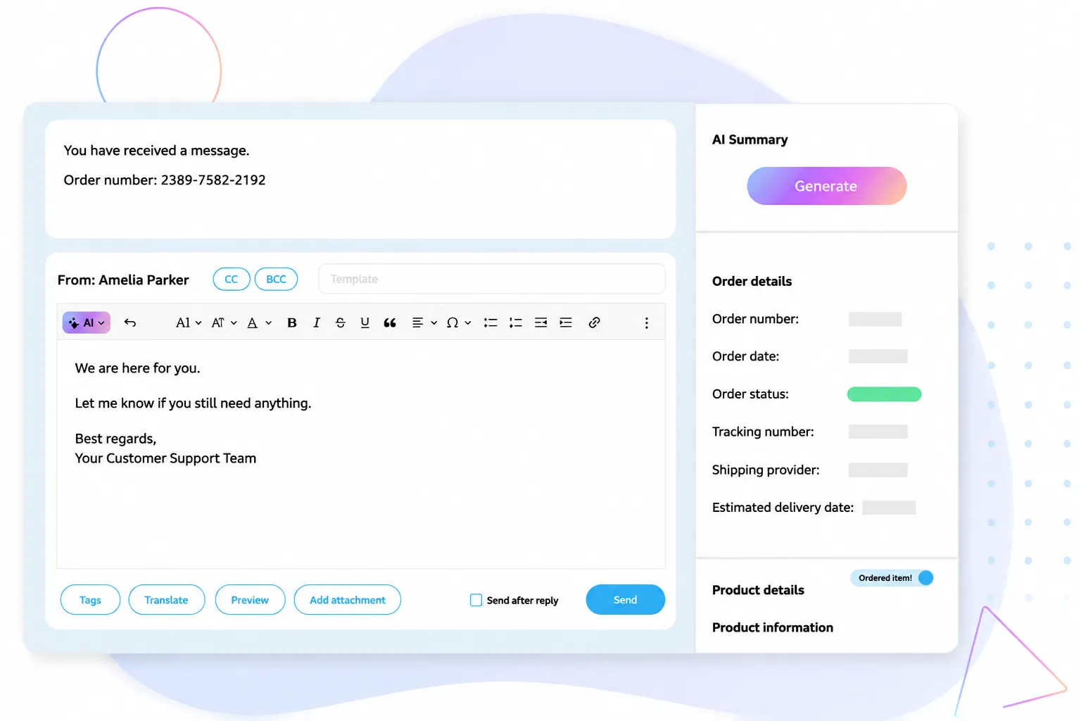 KI-gestütztes Kundensupport-Interface zeigt E-Mail-Antwort an eine Bestellung.