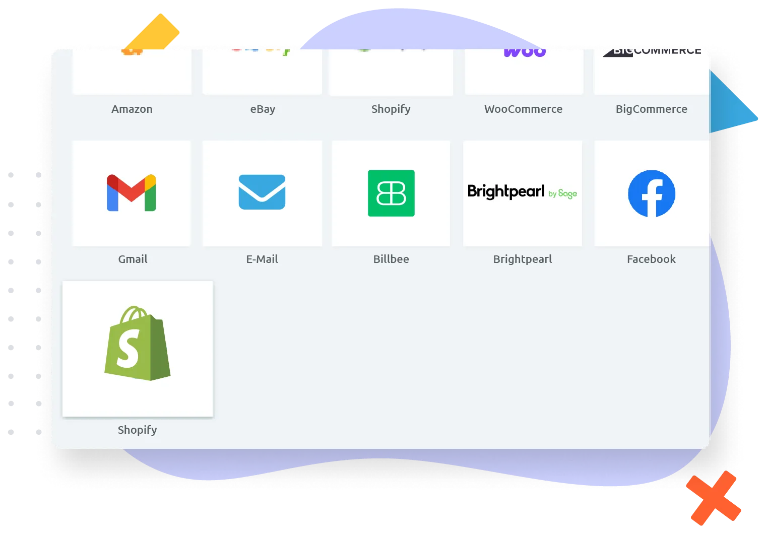 Symbole von Amazon, eBay, Shopify, WooCommerce, BigCommerce, Gmail, E-Mail, Billbee, Brightpearl und Facebook.