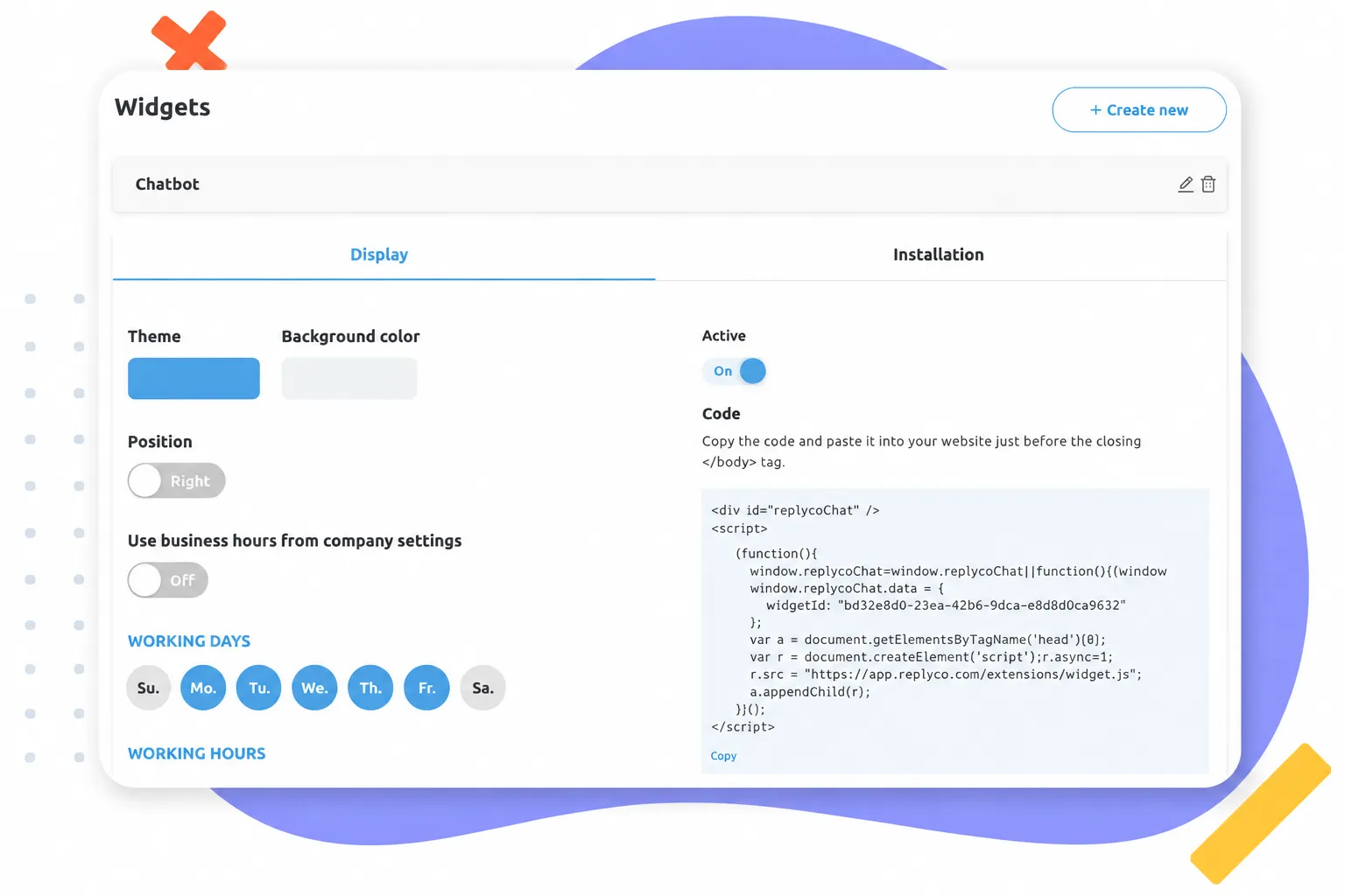 Einstellungsbildschirm eines Chatbot-Widgets mit Aktivierung, Thema, Arbeitstagen und Code-Snippet zur Einbindung.