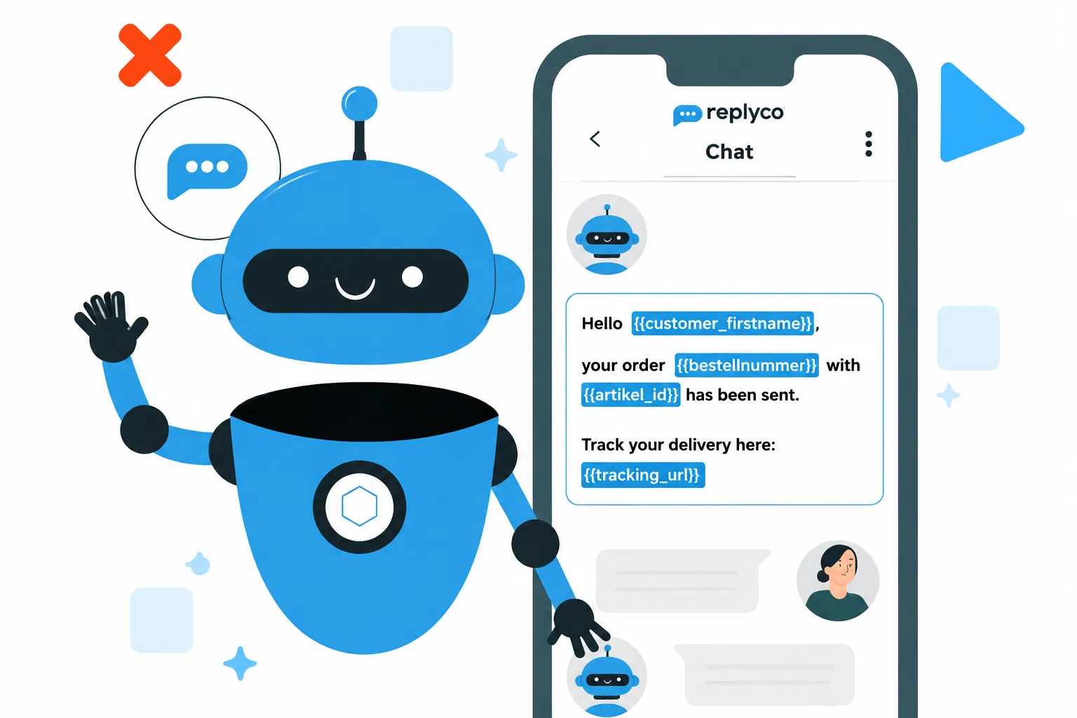 Blauer Roboter winkt neben Handy mit Chatnachricht zur Bestellverfolgung.
