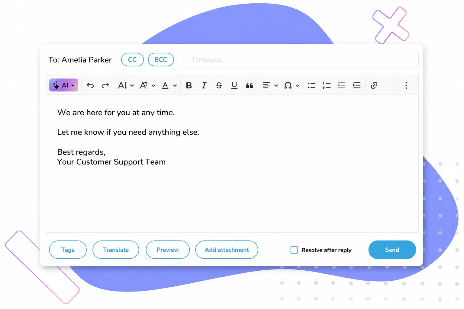 Email draft to Amelia Parker with customer support message and options for CC, BCC, and sending.