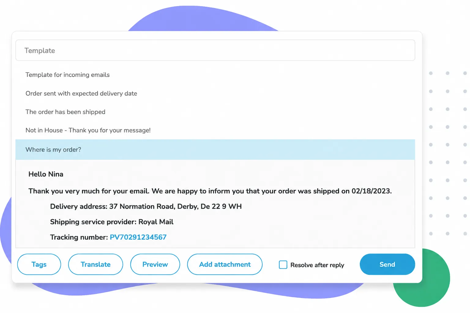 E-Mail-Vorlage mit Antwort zu Versand, Lieferadresse, Versanddienst und Sendungsnummer.