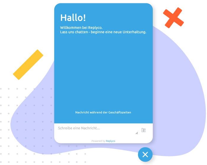 Chatfenster mit Begrüßung 'Hallo! Willkommen bei Replyco. Schreibe eine Nachricht für neue Unterhaltung.'