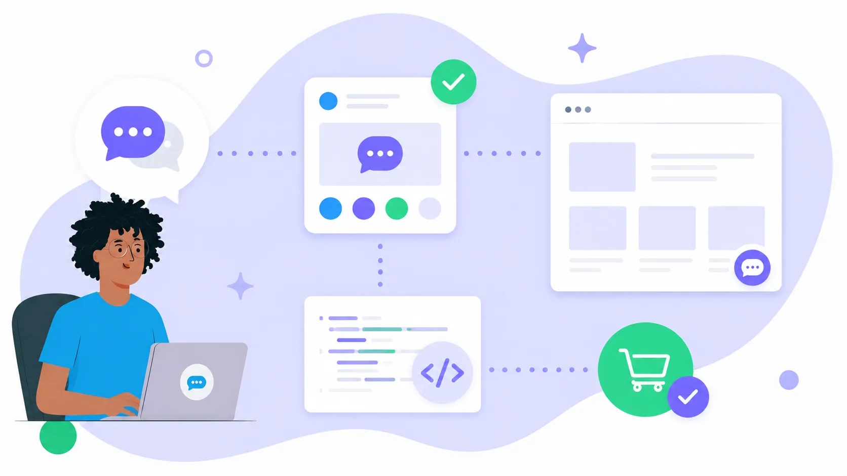 Person arbeitet an Laptop, umgeben von Symbolen für Chat, Code und Online-Shop-Integration.