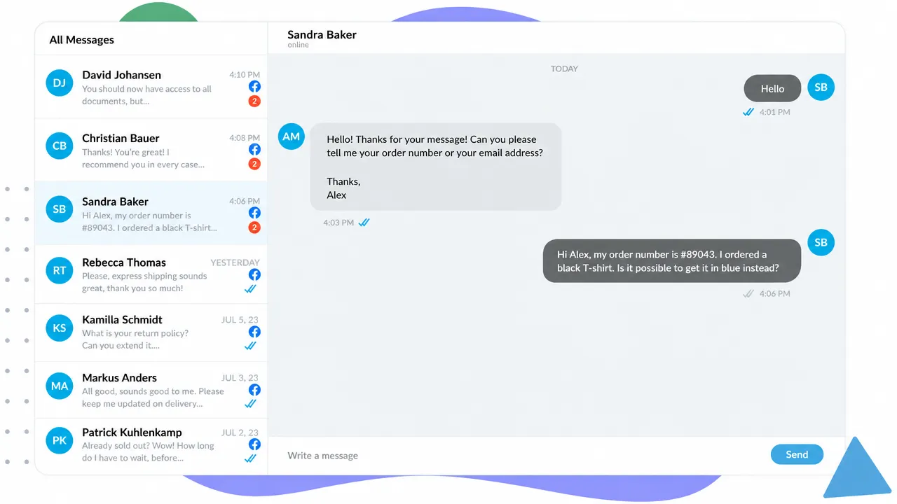 Chat interface showing a customer asking to change a black T-shirt order to blue with response from support.