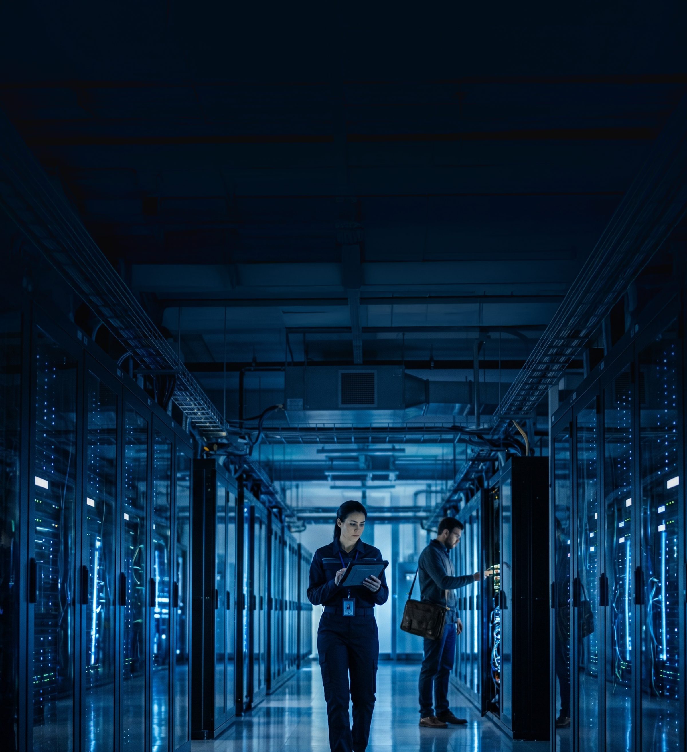Engineers reviewing data in a data centre