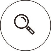 Black magnifying glass icon inside a thin black circle on a white background.