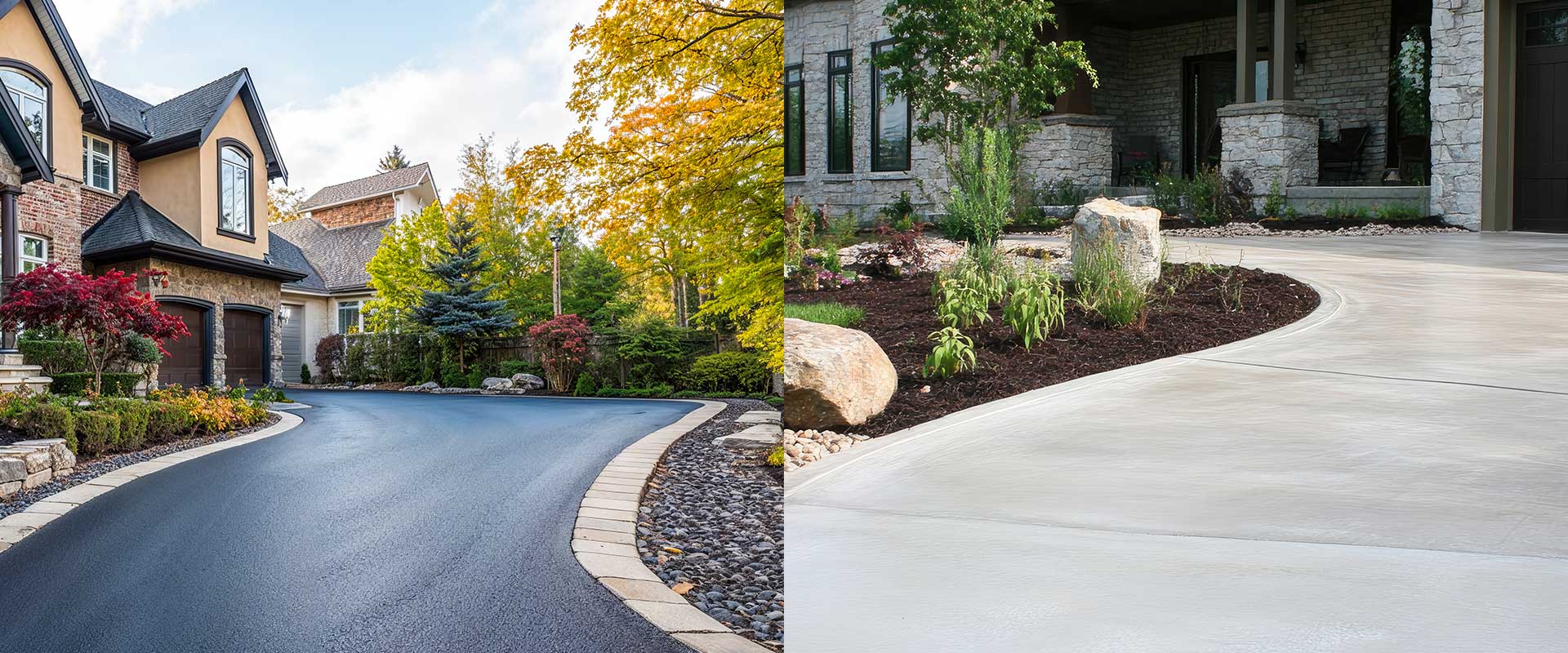 Driveway installation in progress with asphalt and concrete surfaces being finished for a smooth, durable result