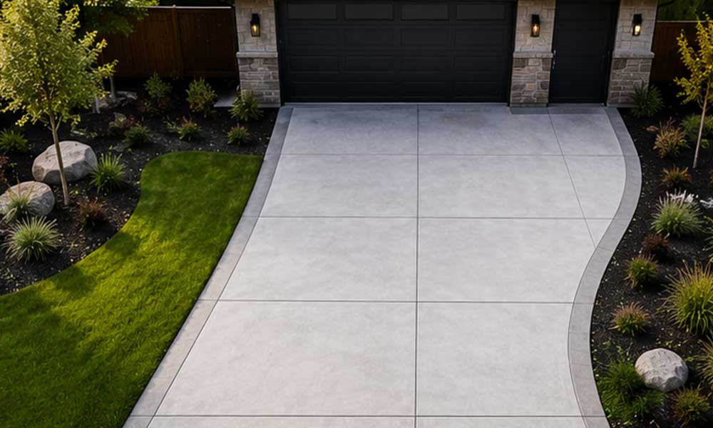 Wide concrete driveway leading to contemporary home with landscaped edges