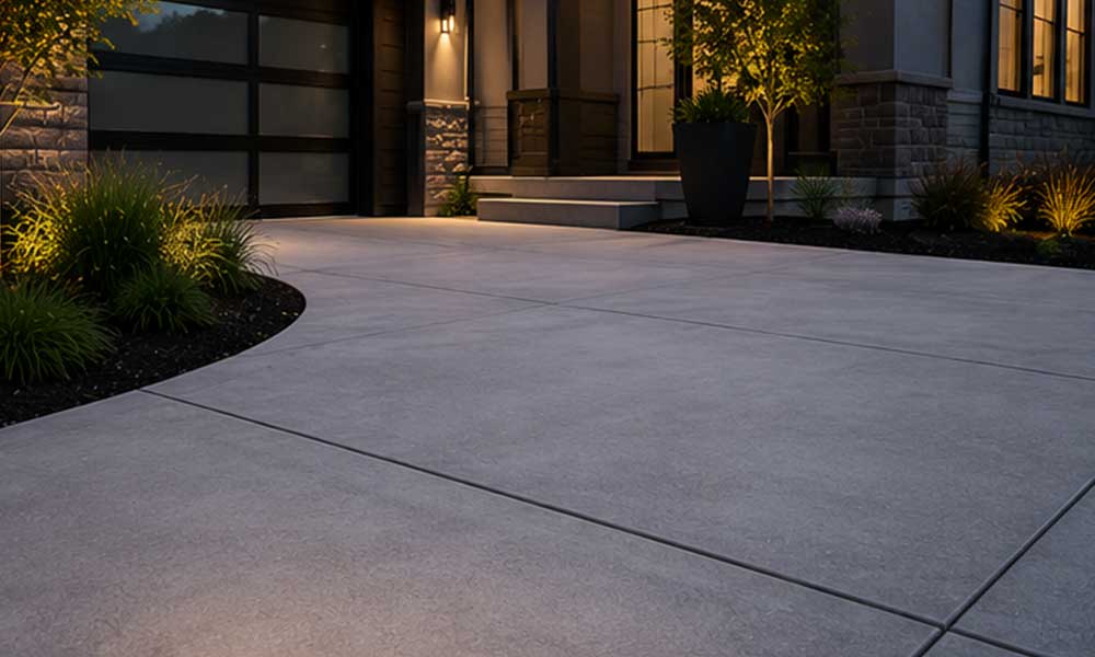 Professionally installed concrete driveway with clean lines and finished expansion joints
