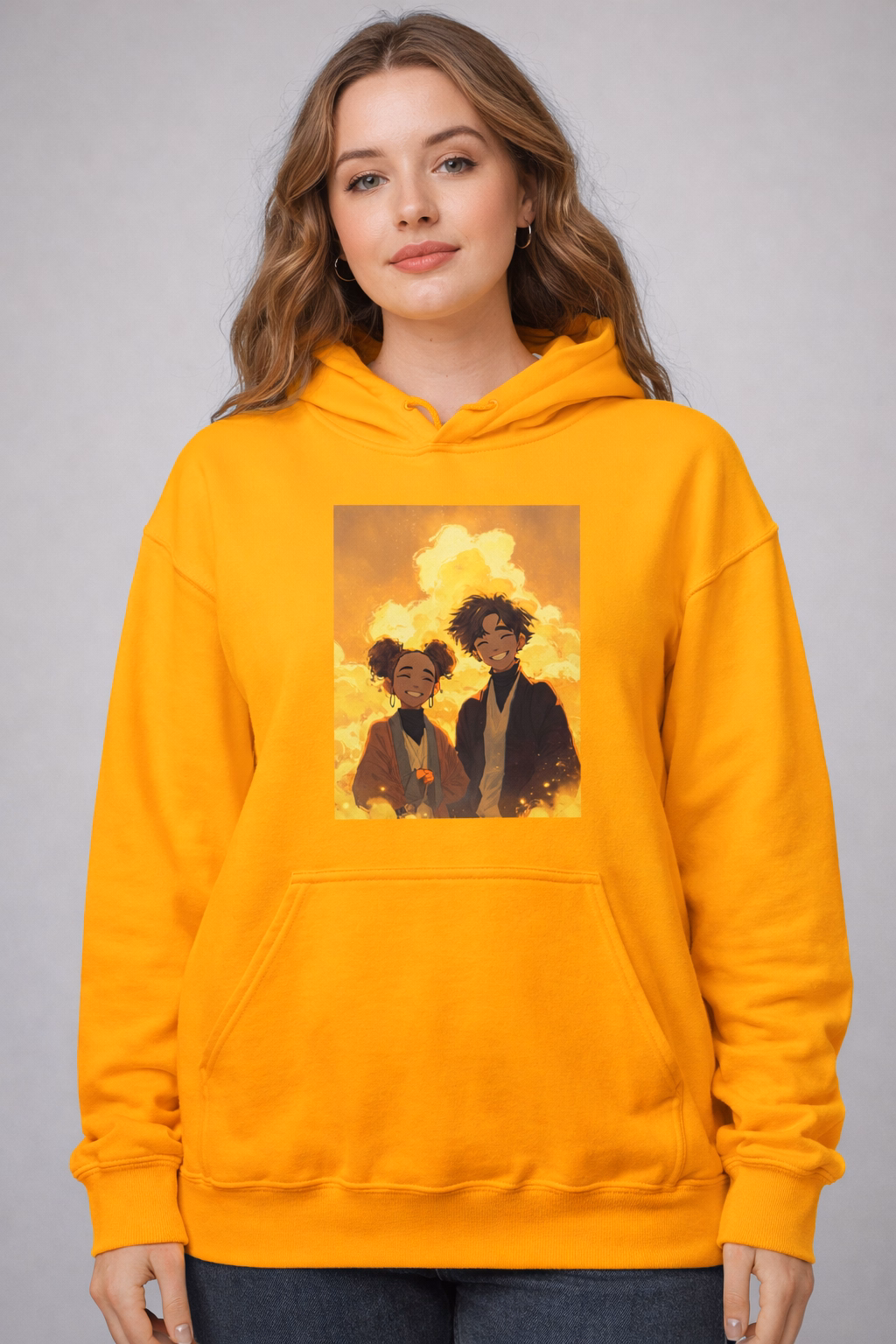 Joy Hoodie in gold, midweight fabric, double-lined hood, athletic rib-knit cuffs and waistband