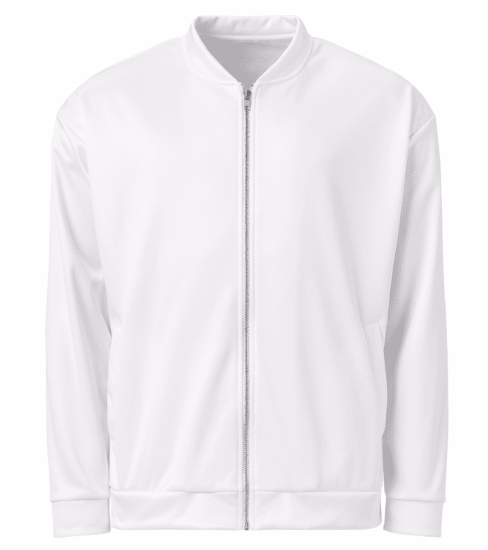 White Self-Control bomber jacket by NRB Art with faith-inspired design