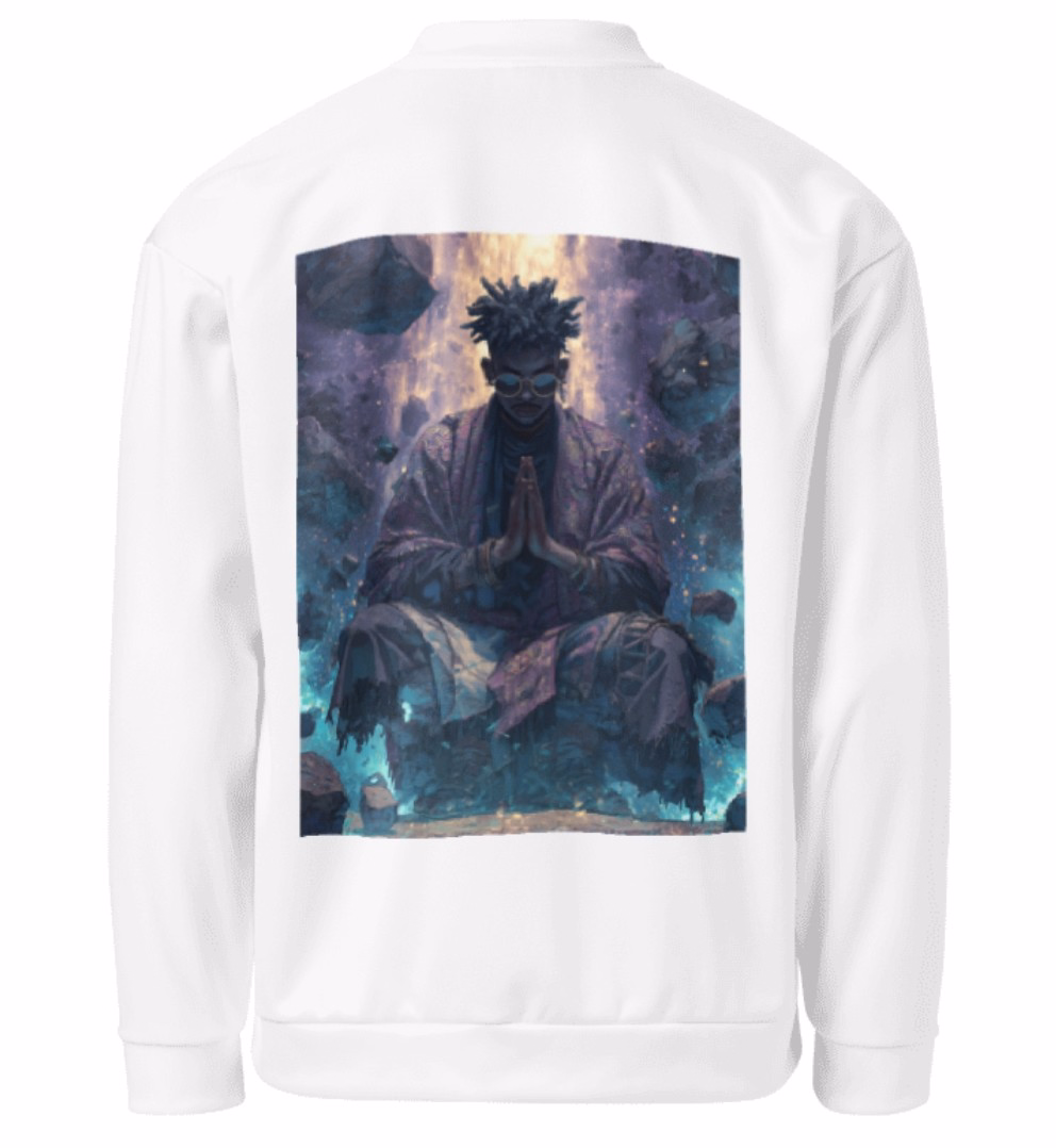 White Self-Control bomber jacket by NRB Art with faith-inspired design