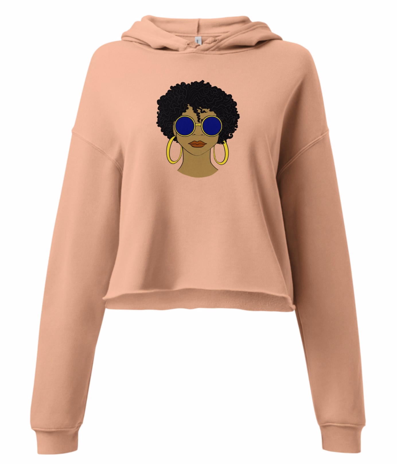 Peach-colored Frolicious crop hoodie with matching drawstrings and raw hem. Stylish, cozy hoodie for everyday wear.