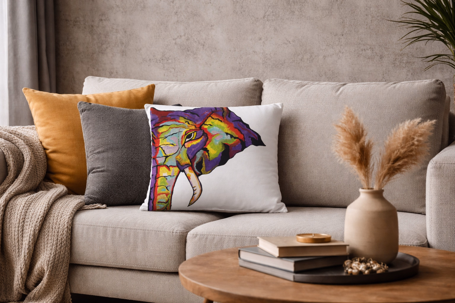 Throw pillow with blue elephant design, 100% polyester, decorative home accent