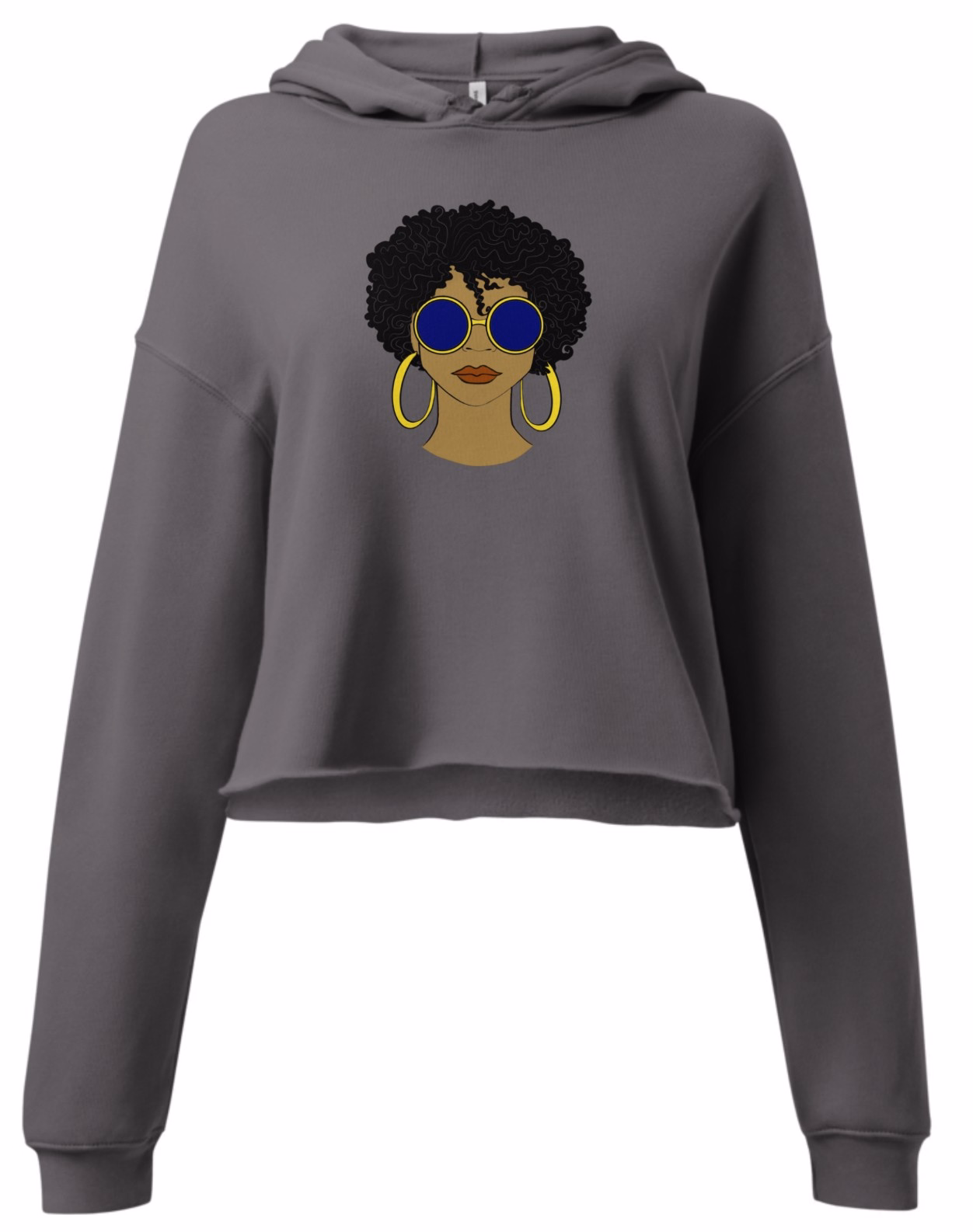 Frolicious crop hoodie in grey with NRB Art illustration of a woman with an afro, blue sunglasses and gold hoop earrings