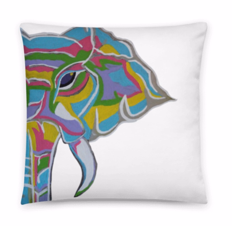 Blue throw pillow with elephant artwork by NRB Art