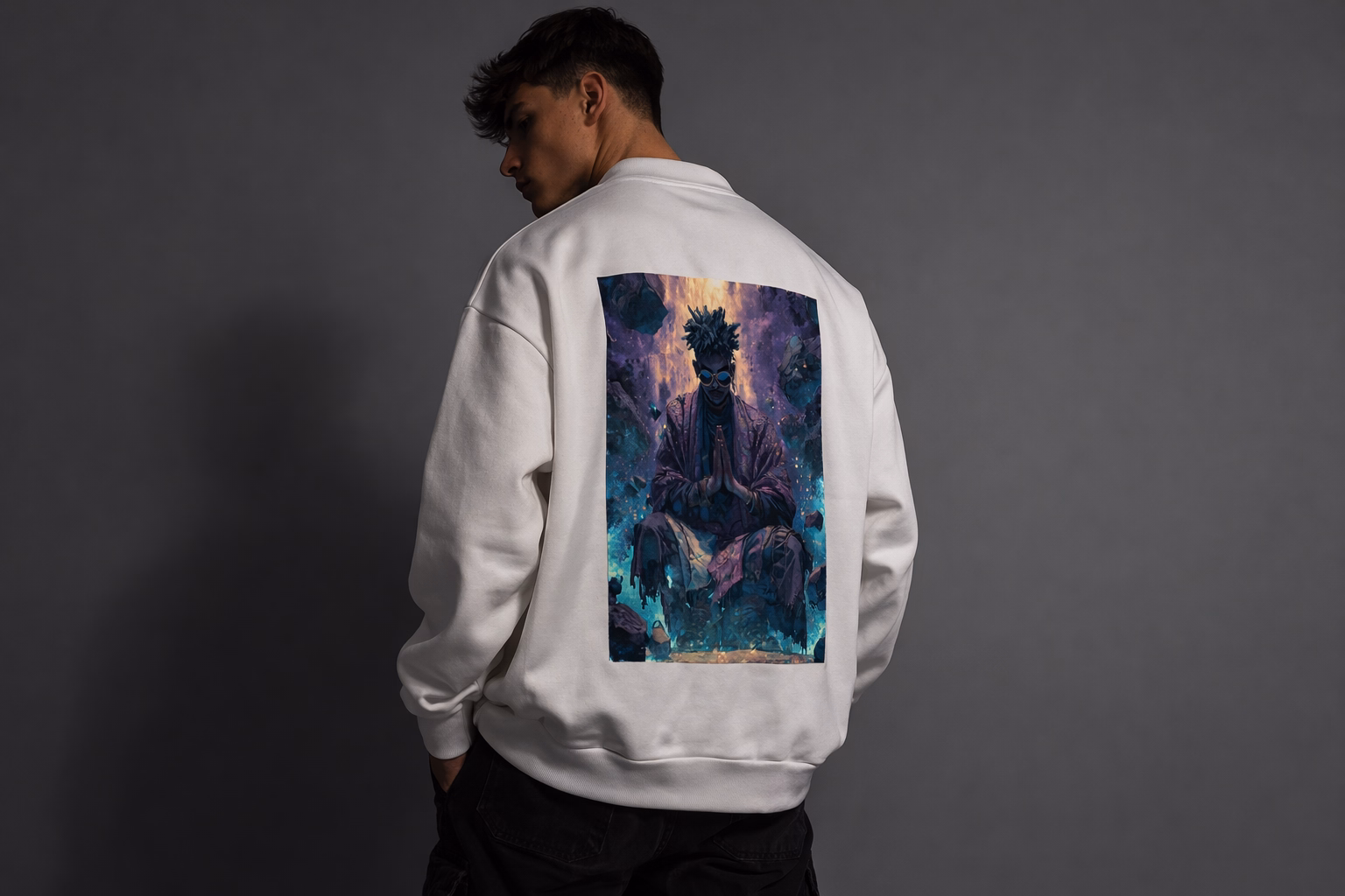 White Self-Control bomber jacket by NRB Art with faith-inspired design