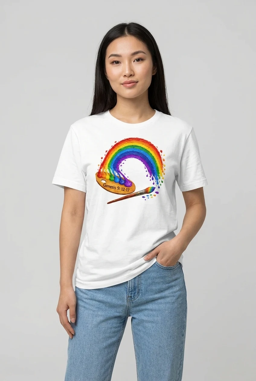 Young woman wearing the white Rainbow t-shirt by NRB Art with a rainbow flowing from an artist’s palette and the verse Genesis 9:12–17, styled with light blue jeans