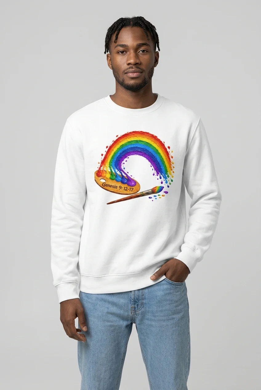 Young man wearing the white Rainbow sweatshirt by NRB Art with a rainbow flowing from an artist’s palette and the verse Genesis 9:12–17, styled with light blue jeans