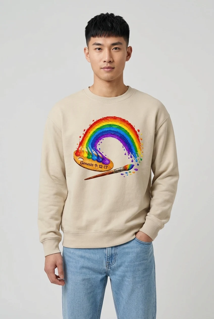 Young man wearing the Rainbow sweatshirt in dust by NRB Art with a rainbow flowing from an artist’s palette and the verse Genesis 9:12–17, styled with light blue jeans
