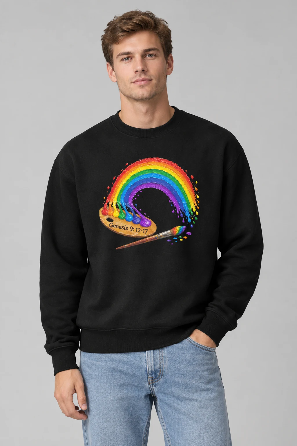 Young man wearing the black Rainbow sweatshirt by NRB Art with a rainbow flowing from an artist’s palette and the verse Genesis 9:12–17, styled with light blue jeans