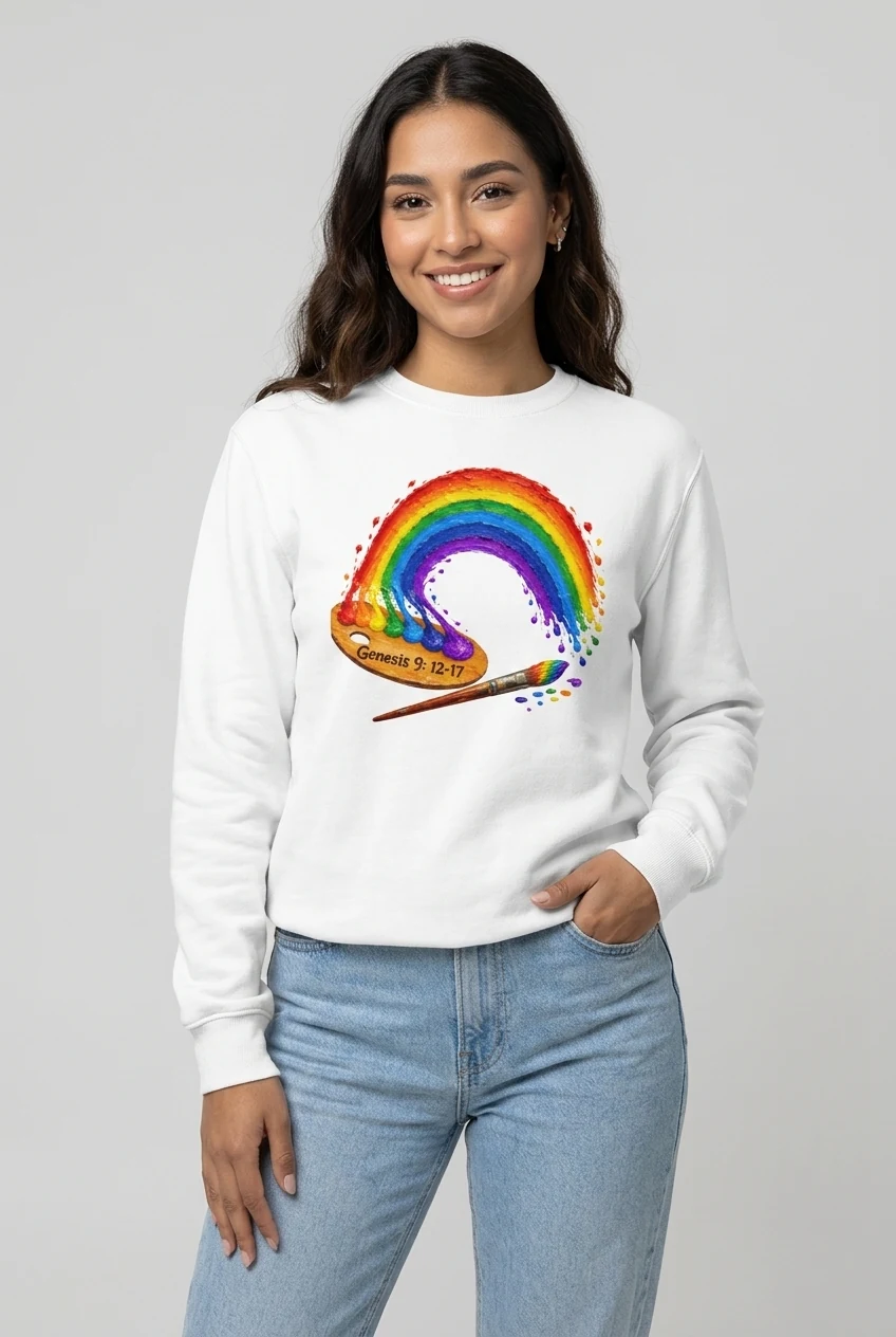 Young woman wearing the white Rainbow sweatshirt by NRB Art with a rainbow flowing from an artist’s palette and the verse Genesis 9:12–17, styled with light blue jeans