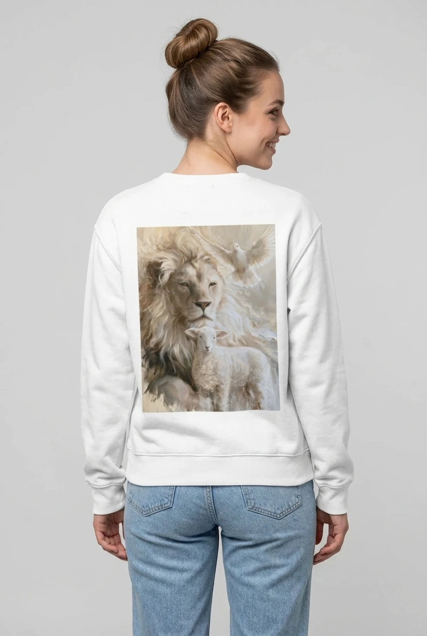 Young woman wearing the white Trinity sweatshirt by NRB Art, back view showing the painted lion, lamb and dove artwork