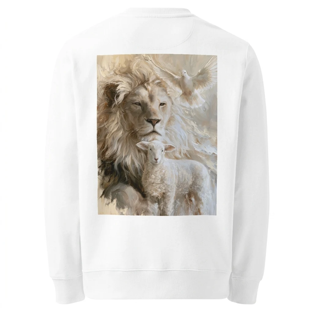 Back of the white Trinity sweatshirt by NRB Art with a painted lion, lamb and dove artwork