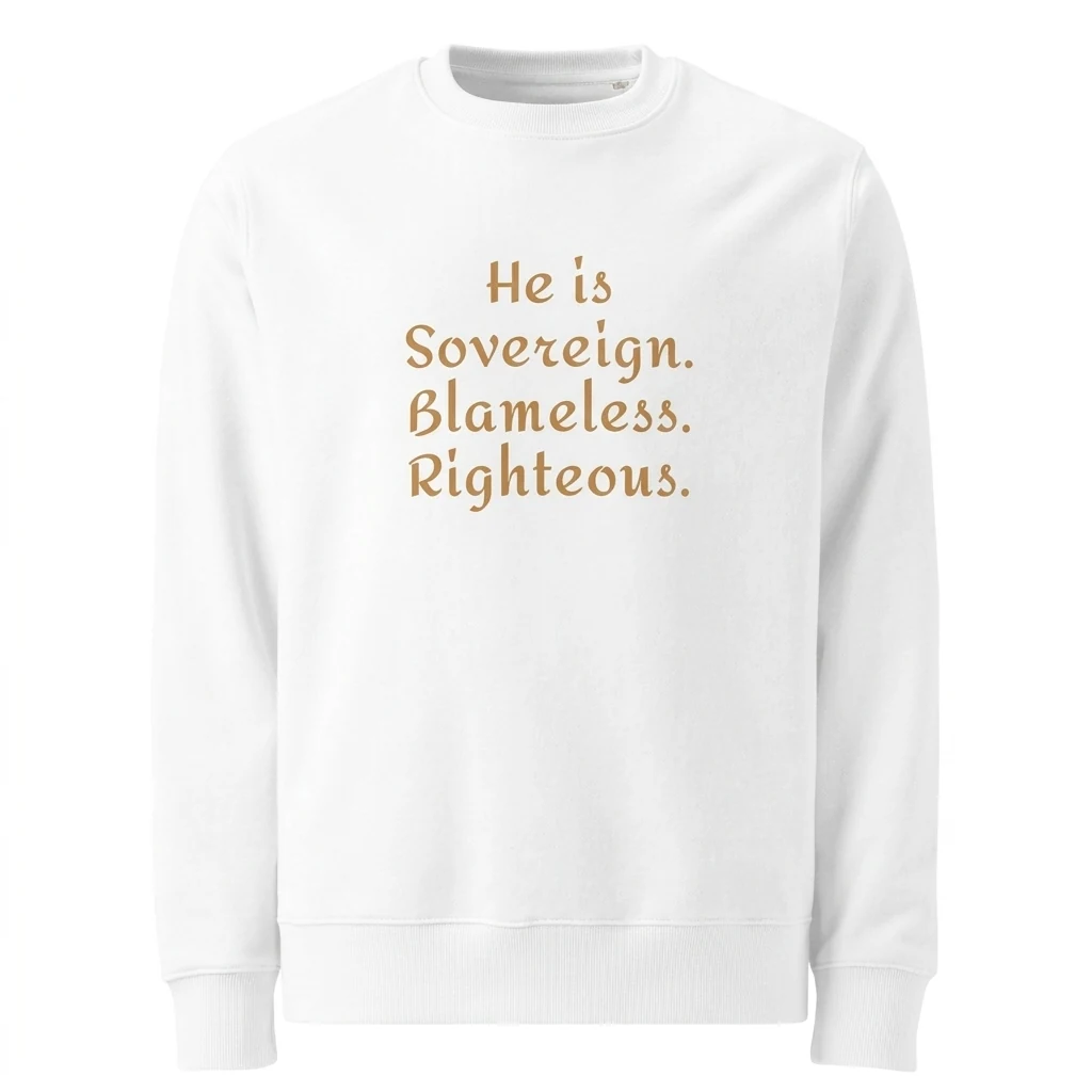 Front of the white Trinity sweatshirt by NRB Art with the words “He is Sovereign. Blameless. Righteous.” in gold