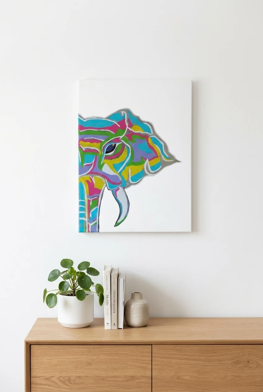 Blue Elephant canvas print by NRB Art on a light wall above a wooden sideboard with a plant and books, interior styling