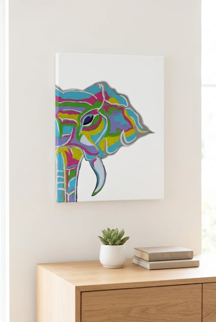 Blue Elephant canvas print by NRB Art on a light wall above a wooden sideboard with a succulent and books, interior styling