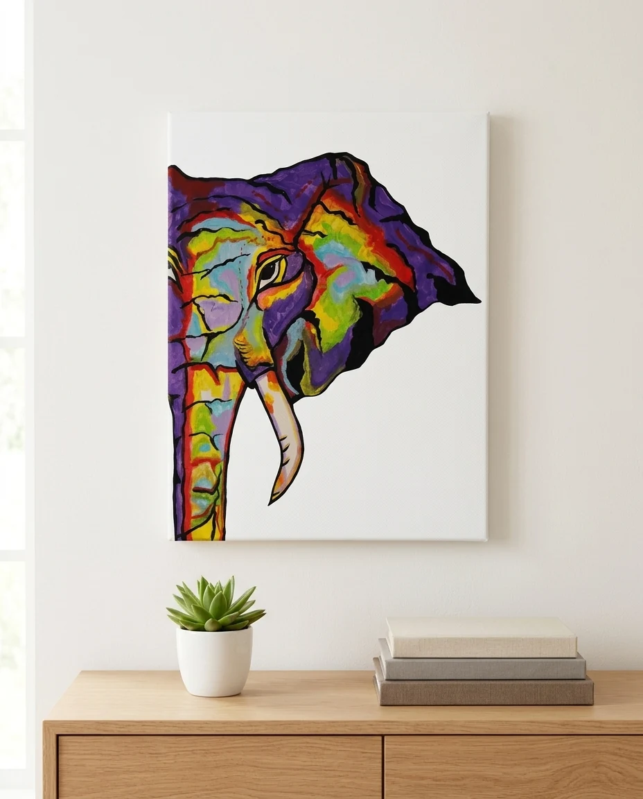 Purple Elephant canvas print by NRB Art on a light wall above a wooden sideboard with a succulent and books, interior styling