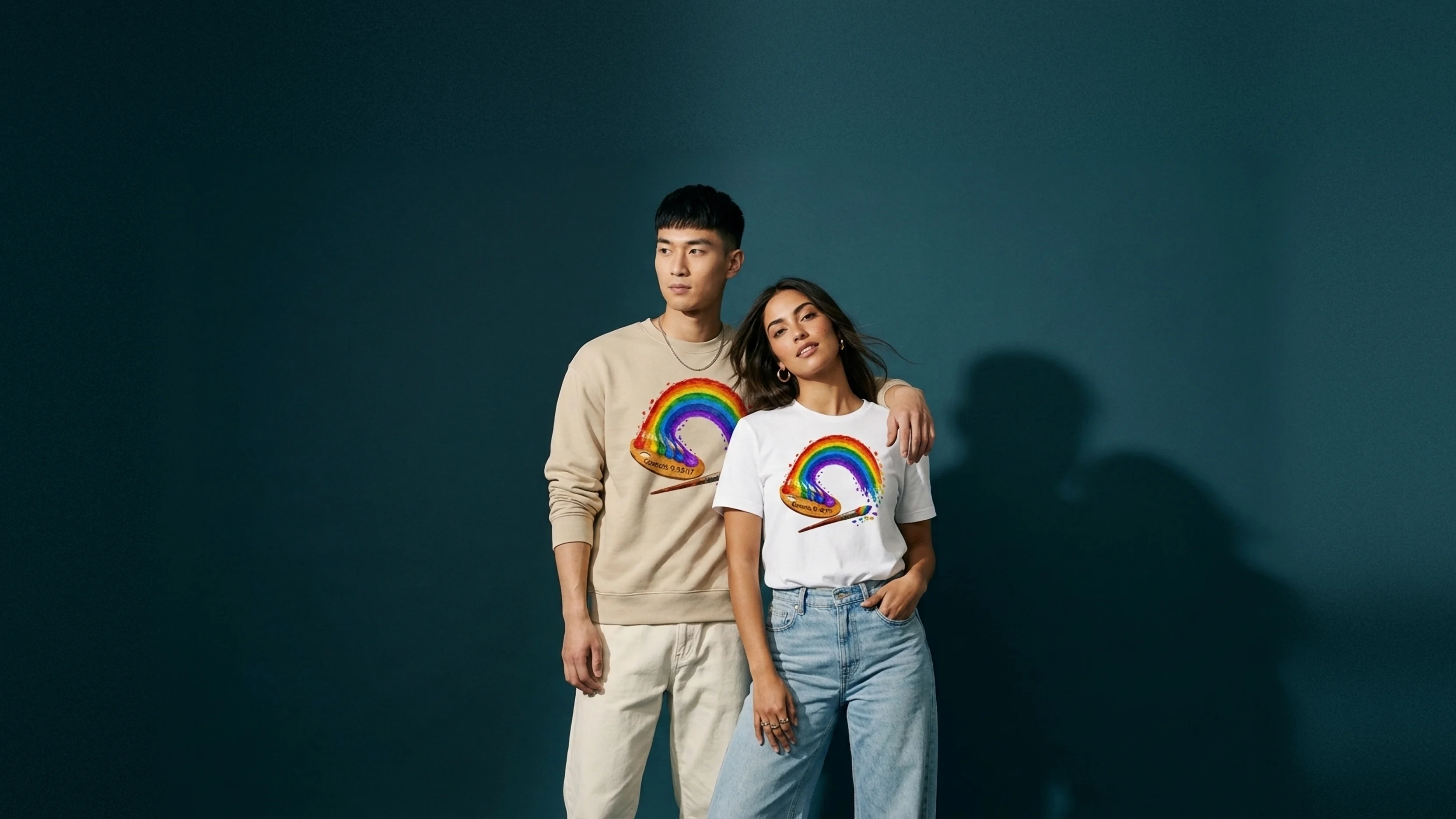 Two models in NRB Art Rainbow apparel: a man in the dust Rainbow Sweatshirt and a woman in the white Rainbow T-Shirt, both with a rainbow flowing from an artist’s palette, on a dark teal studio backdrop